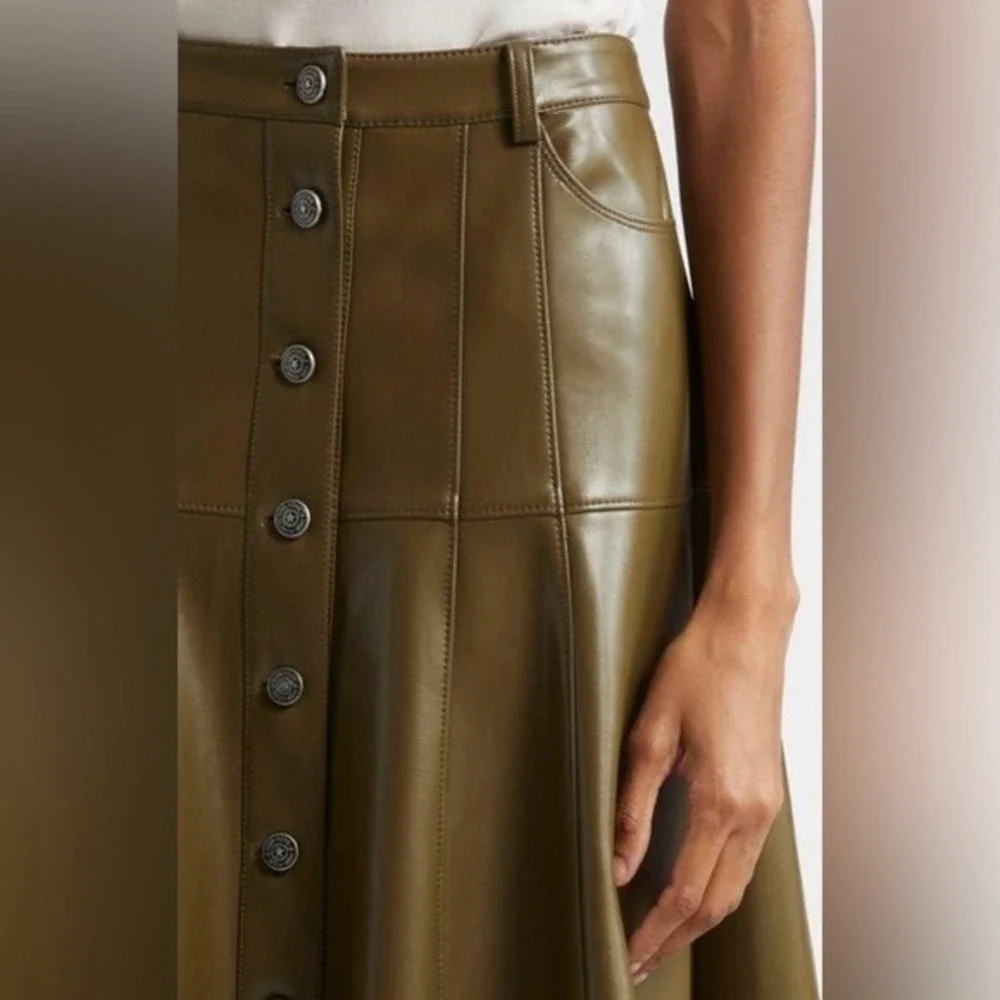 Cinq À Sept Veena Skirt a-line Midi Button Olive  Green Vegan Leather  6 Worn 1x